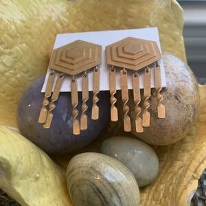 Mid Century Modern Retro Geometric Gold Tone Tassle Dangling Pierced Earrings